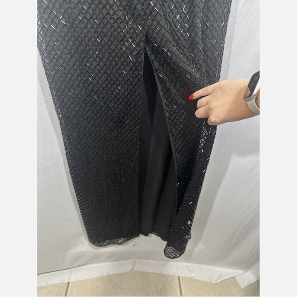 NEW $398 Mac Duggal‎ [ 14 ] Beaded Spaghetti Strap Column Gown Black Silver - Picture 5 of 11